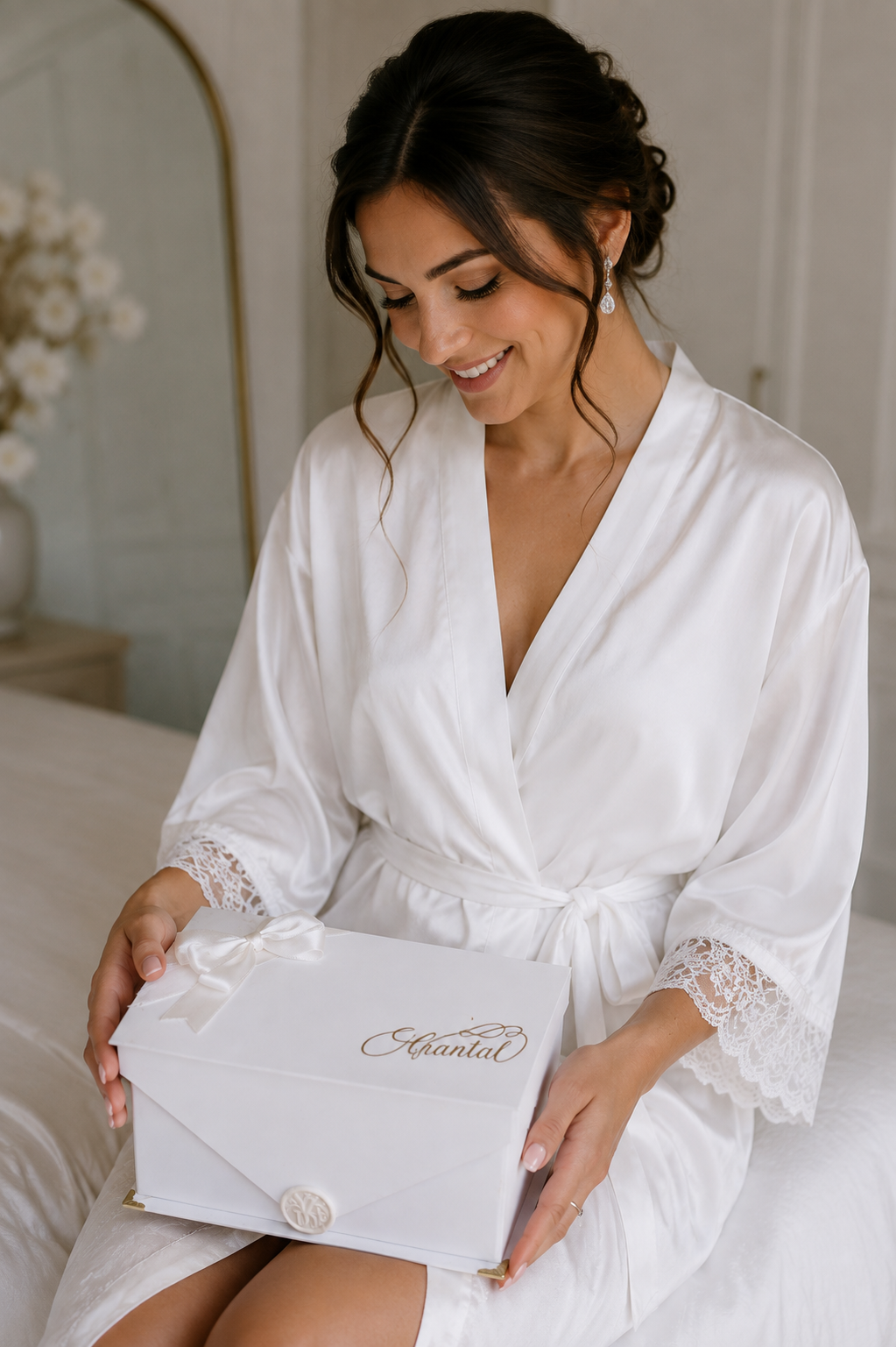 A woman in a white satin bridal robe sits on a bed holding a white Ôdyzzey personalized envelope-style gift box with a satin ribbon and the name 'Chantal' printed on the front.