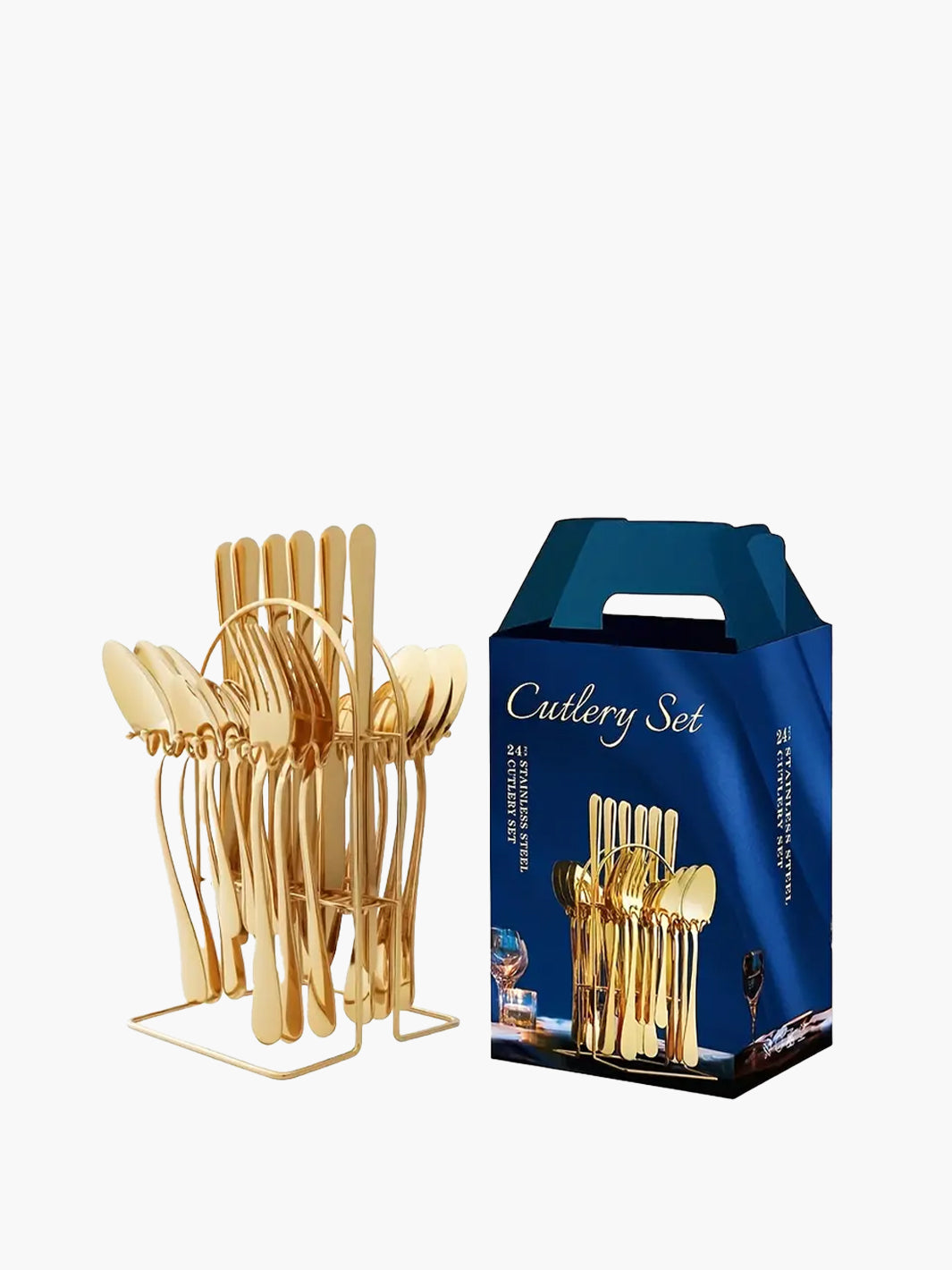 Golden Stainless Steel Cutlery Set with Metal Stand Set of 24