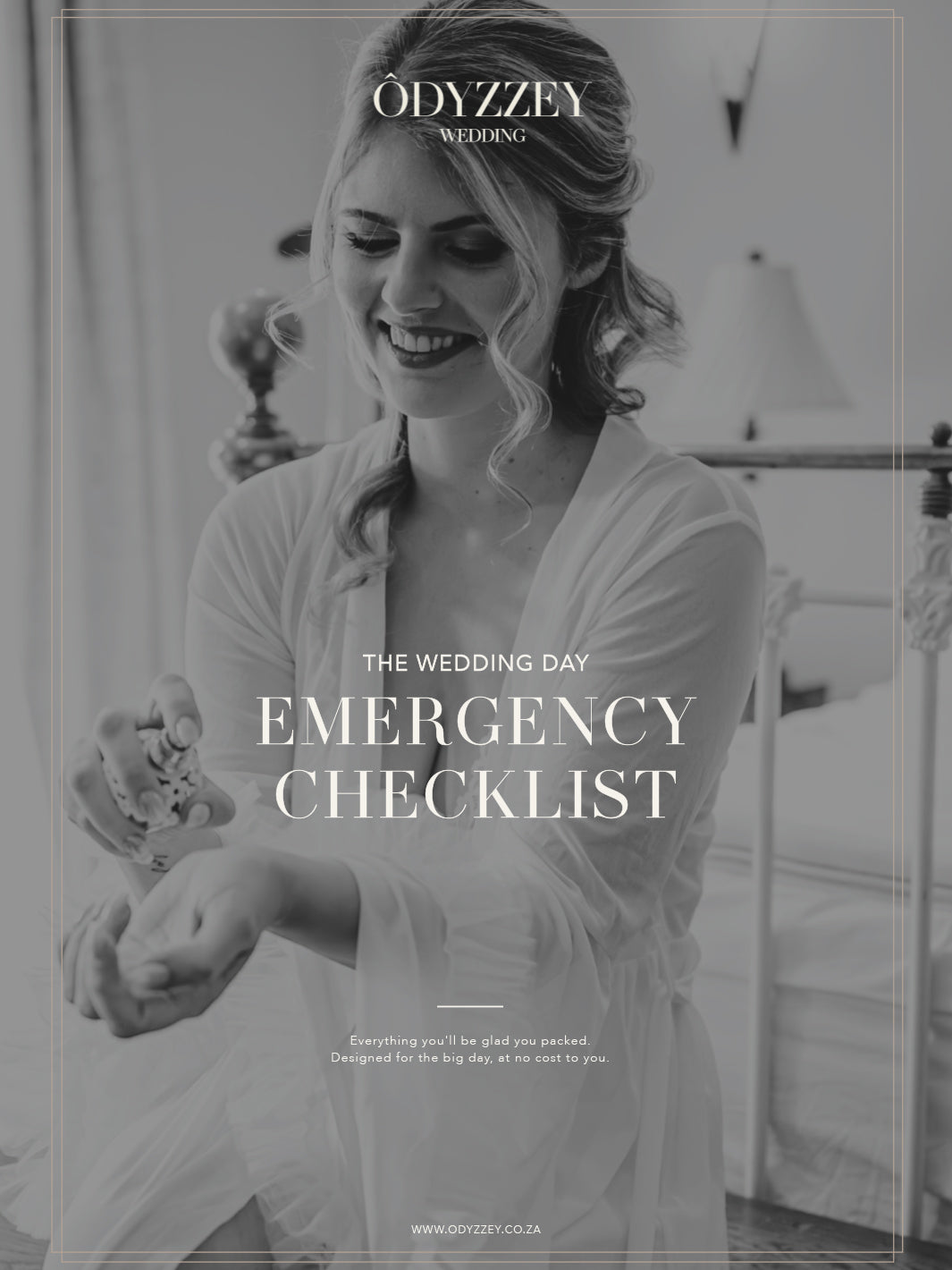 Ôdyzzey wedding day emergency checklist cover, a bride in a robe getting ready